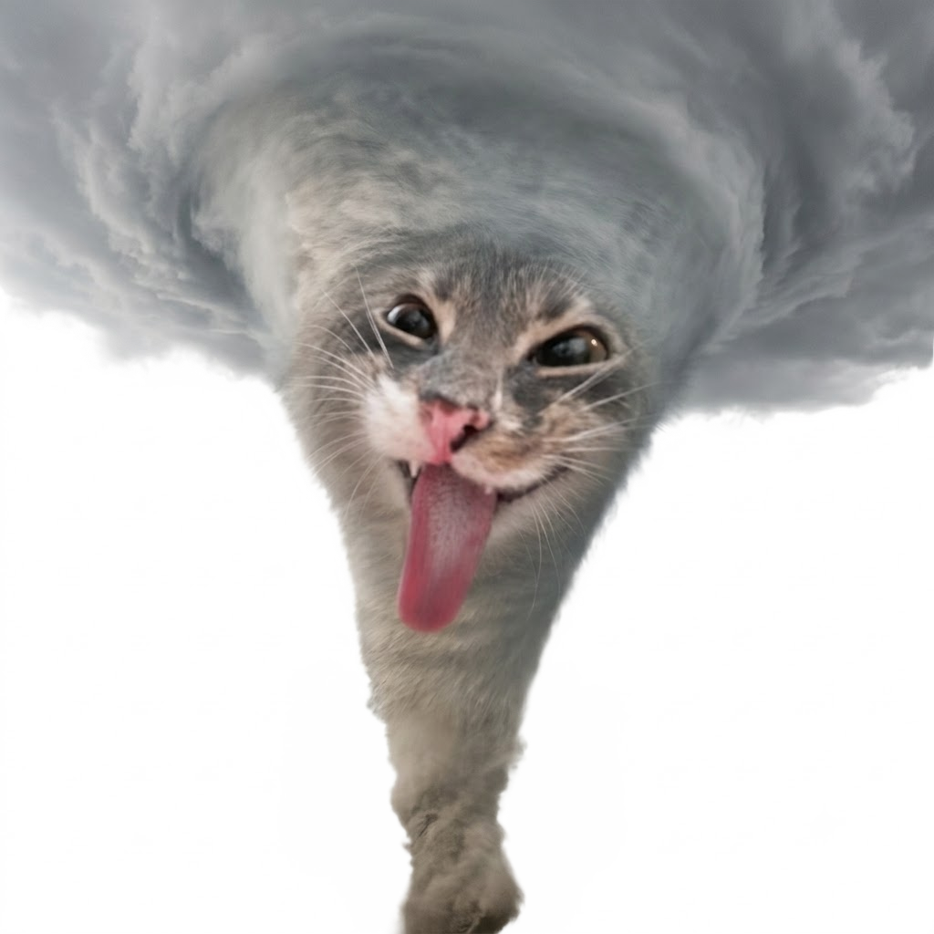 A tornado with a cat face and its tongue out, touching down
